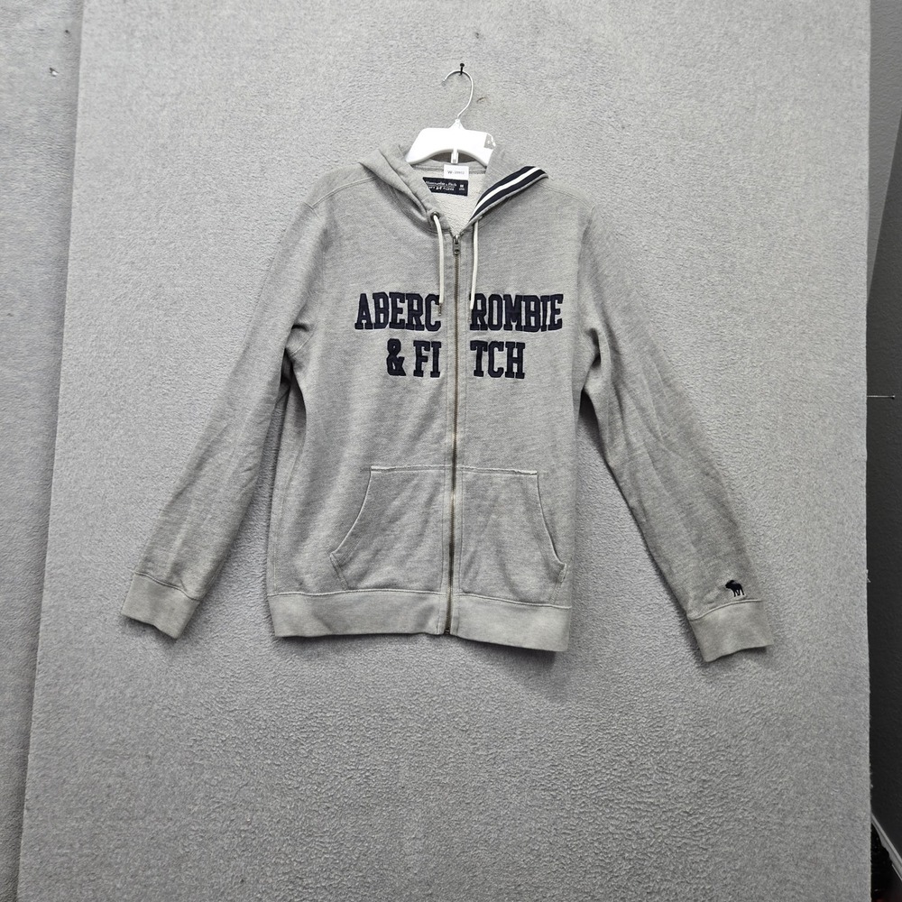 Abercrombie & Fitch Men Hoodie M Gray Embroidered Fleece Lettering Y2K Patch